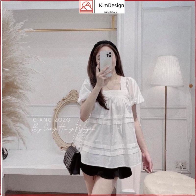 Áo babydoll trắng cổ vuông tay bồng, Áo kiểu nữ đẹp tay ngắn KimDesign chất thô mềm freesize QATE A1