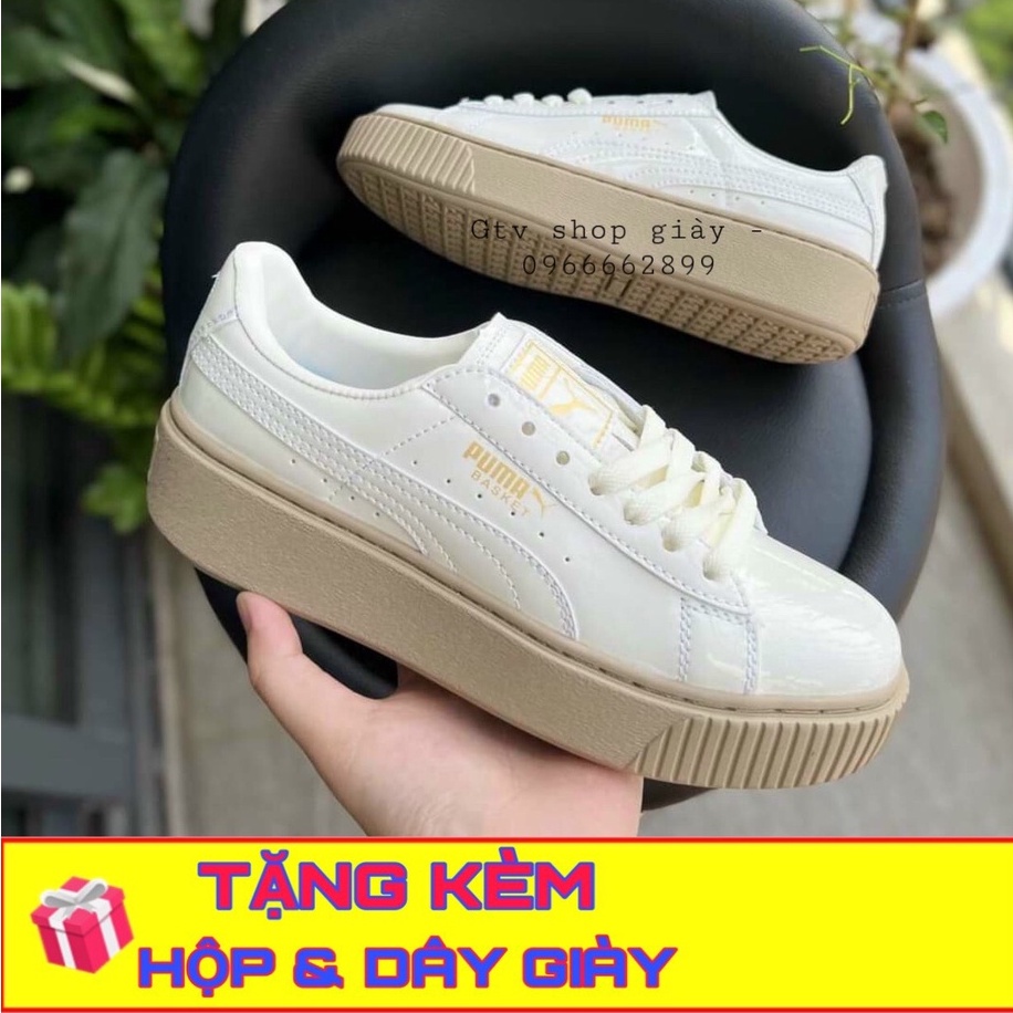 Tặng hộp, bill và thêm 1 bộ dây - Giày thể thao nam nữ sneakers 𝐏𝐮𝐦𝐚 trắng, da bóng, đế nâu. size 36-39. .