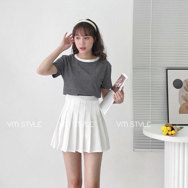 Áo thun kẻ sọc ngang cổ màu VM STYLE form lửng, áo phông nữ tay ngắn xinh Hàn Quốc ulzzang 9515 22ATU02P52501