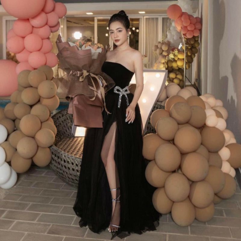 Đầm nhung cúp ngực đính đá nơ pha lê cao cấp, dành sự kiện, sinh nhật, prom, lễ hội, event, concept