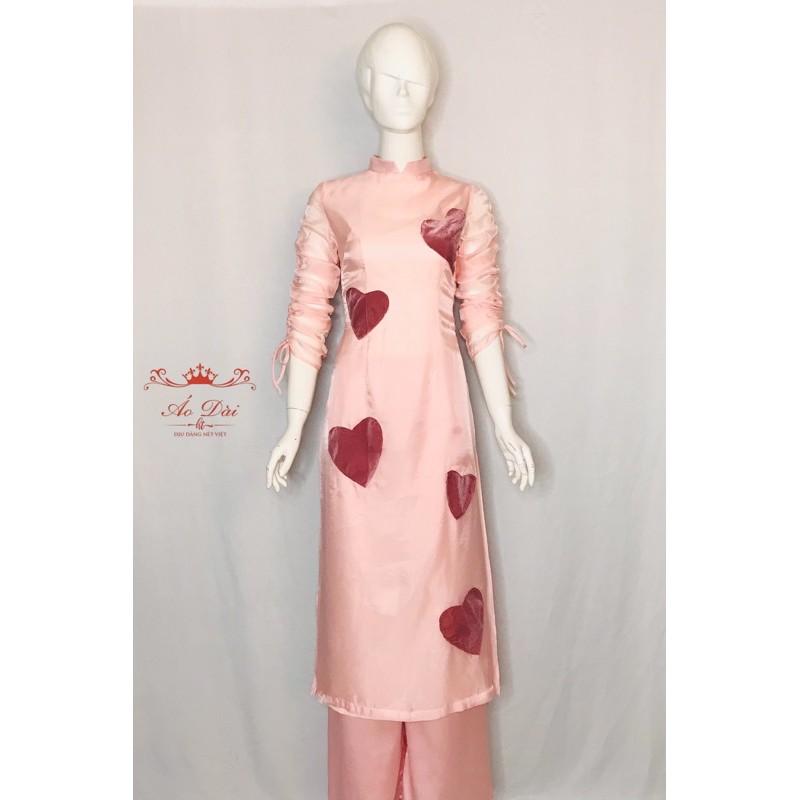 áo dài cách tân đẹp, mẫu mới 2020 tơ tim 4 tà tay rút 2 màu hồng, đỏ