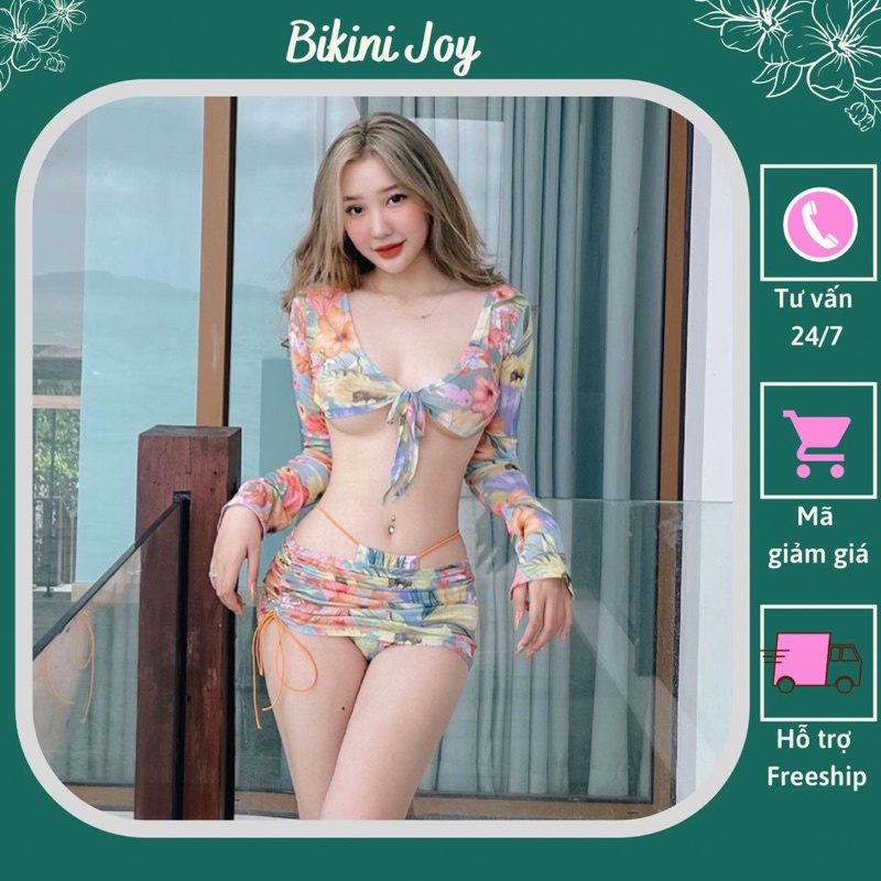 Đồ bơi nữ đi biển, Bikini tay dài 3 món hoa vintage quần lọt khe sexy