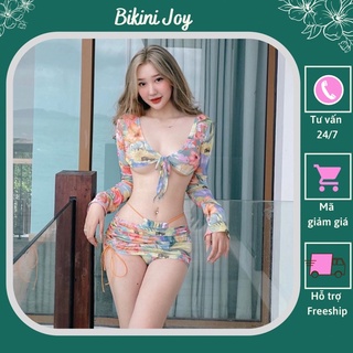 Đồ bơi nữ đi biển, Bikini tay dài 3 món hoa vintage quần lọt khe sexy