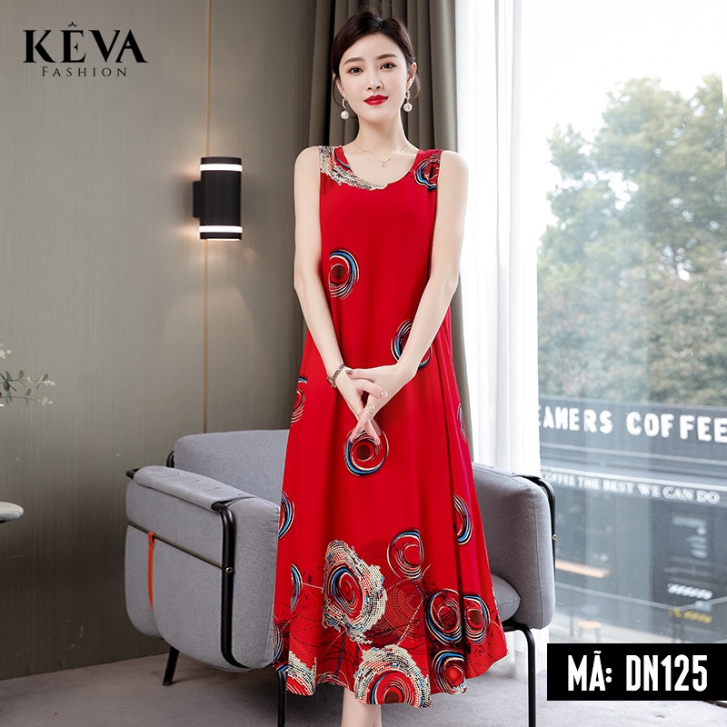 Váy đầm trung niên dáng suông mặc ở nhà - Mặc đi ngủ - Chất lanh thoáng mát - Thương hiệu Keva