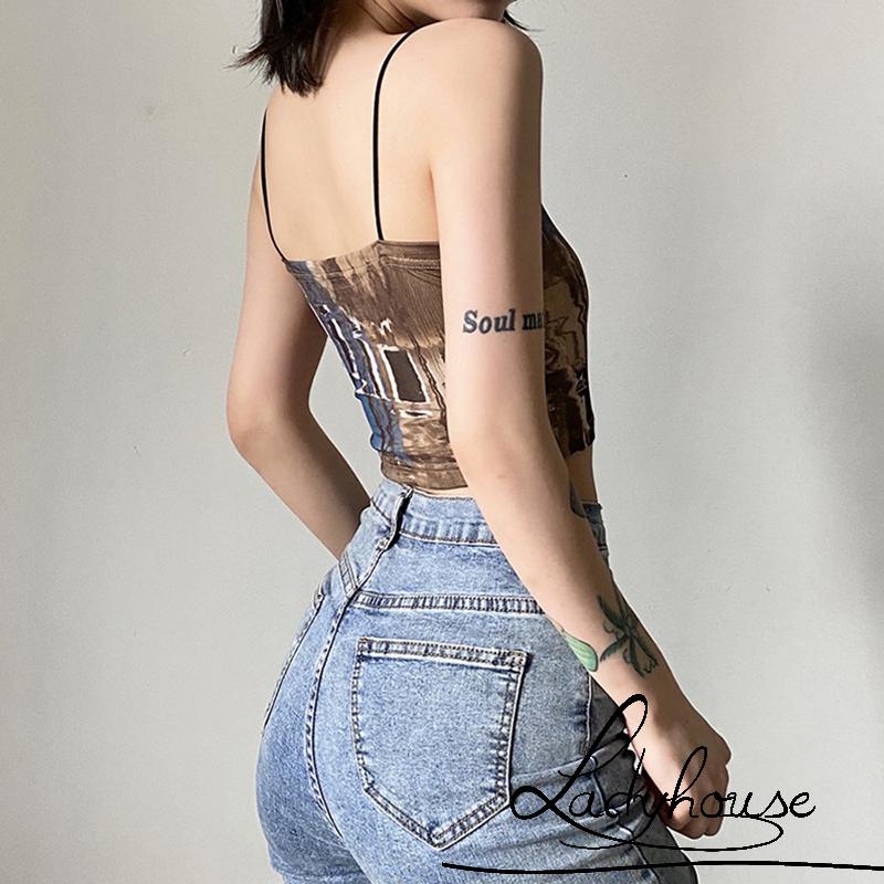 Áo Croptop Trễ Vai Không Tay In Họa Tiết Thời Trang Xuân Thu Cho Nữ