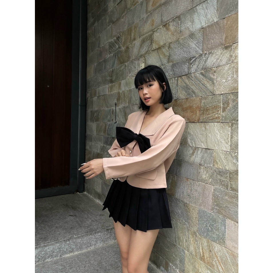 [HÀNG THIẾT KẾ CAO CẤP] Set Áo Sơ Mi Phối Nơ + Chân Váy Xếp Li Đi Học / Đi Chơi Dễ Thương Màu Nude