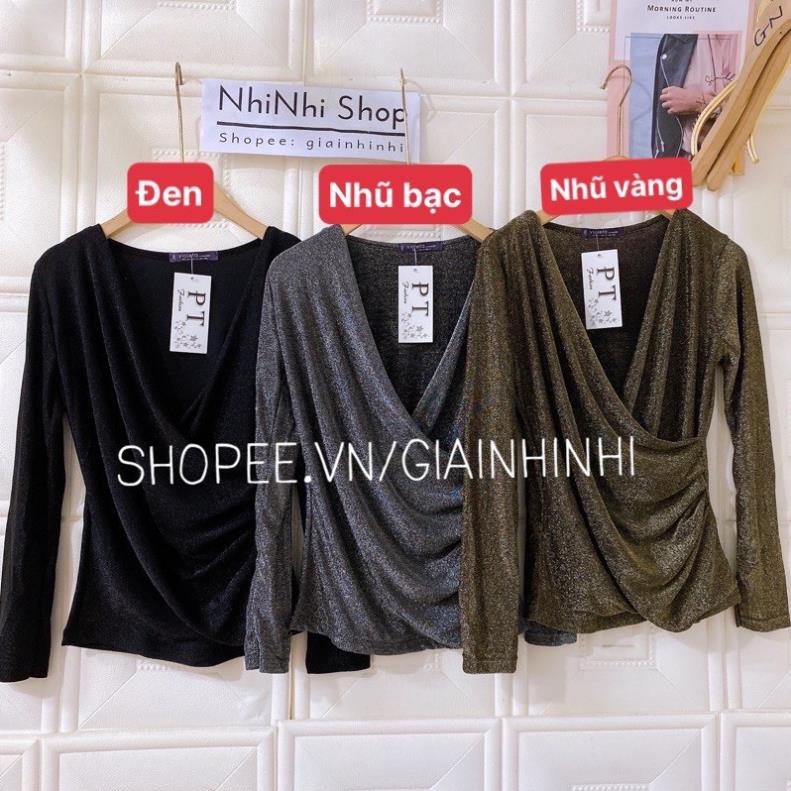 ( KIBO ) Áo nhũ cổ chéo nhiều màu, Áo kiểu dài tay cổ chéo vải thun nhũ dẻo AN1130 - NhiNhi Shop