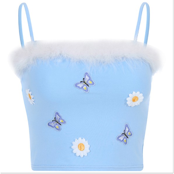 Áo Croptop 2 dây viền lông thêu hoa HAC77 - Hỉn Hỉn Store