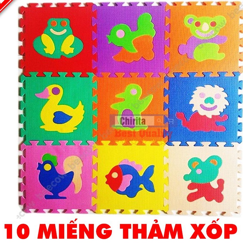 Bộ 10 Thảm xốp ghép hình thú lót sàn, tấm trải sàn nhám, chống trượt an toàn