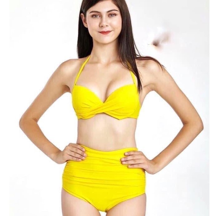 Bikini 2 Mảnh Áo Xoắn Ngực Vàng, Đồ Bơi Cup Ngực Cạp Cao Quyến Rũ
