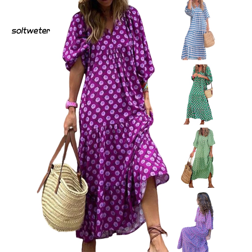 Đầm Maxi Eo Cao In Họa Tiết Phong Cách Boho Cổ Điển Dành Cho Nữ