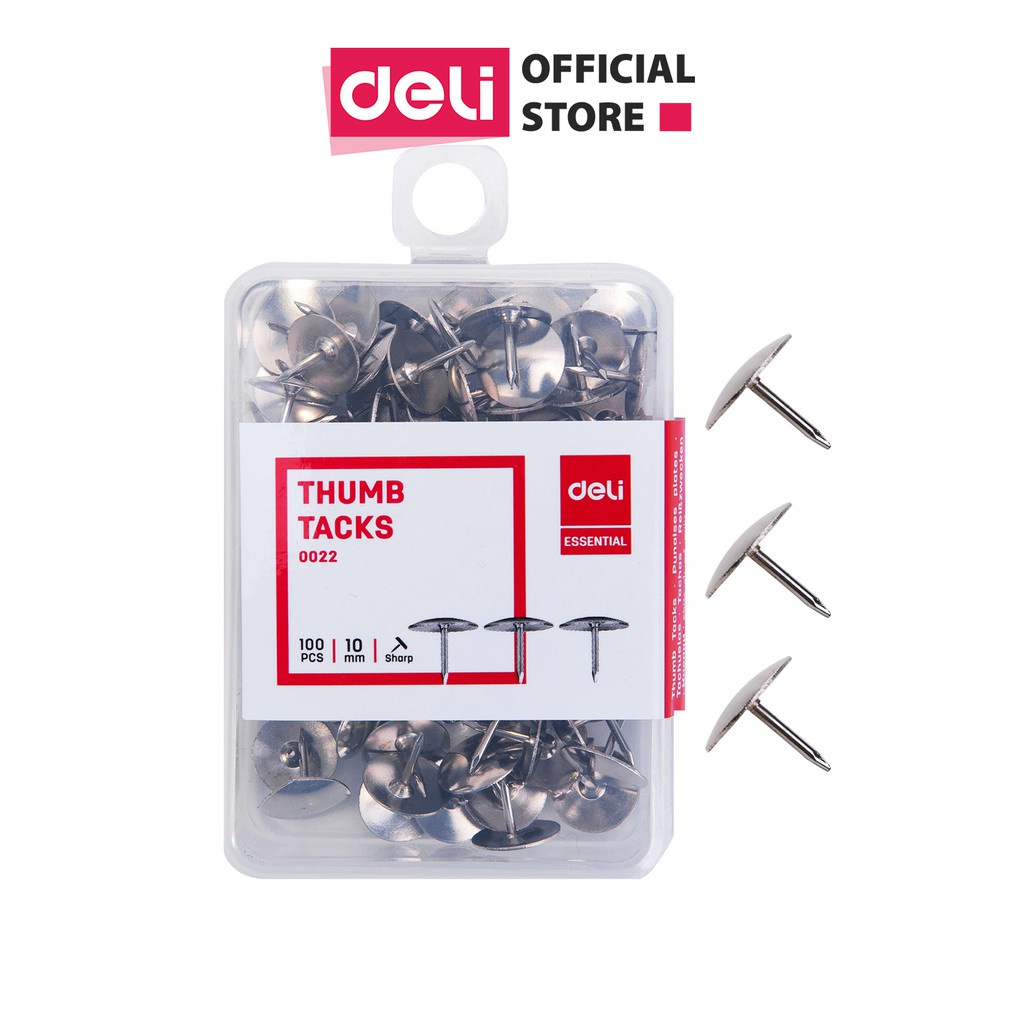 Set 200 chiếc đinh ghim bảng nỉ, gỗ bần mũ inox bạc Deli - Cài tranh ảnh, giấy note, stiker, tài liệu đóng túi - E0022