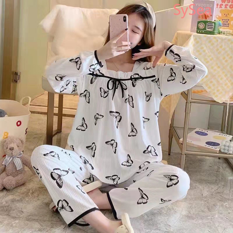 Bộ Đồ Ngủ Cổ Vuông In Họa Tiết Dễ Thương Phong Cách Pháp Cho Nữ