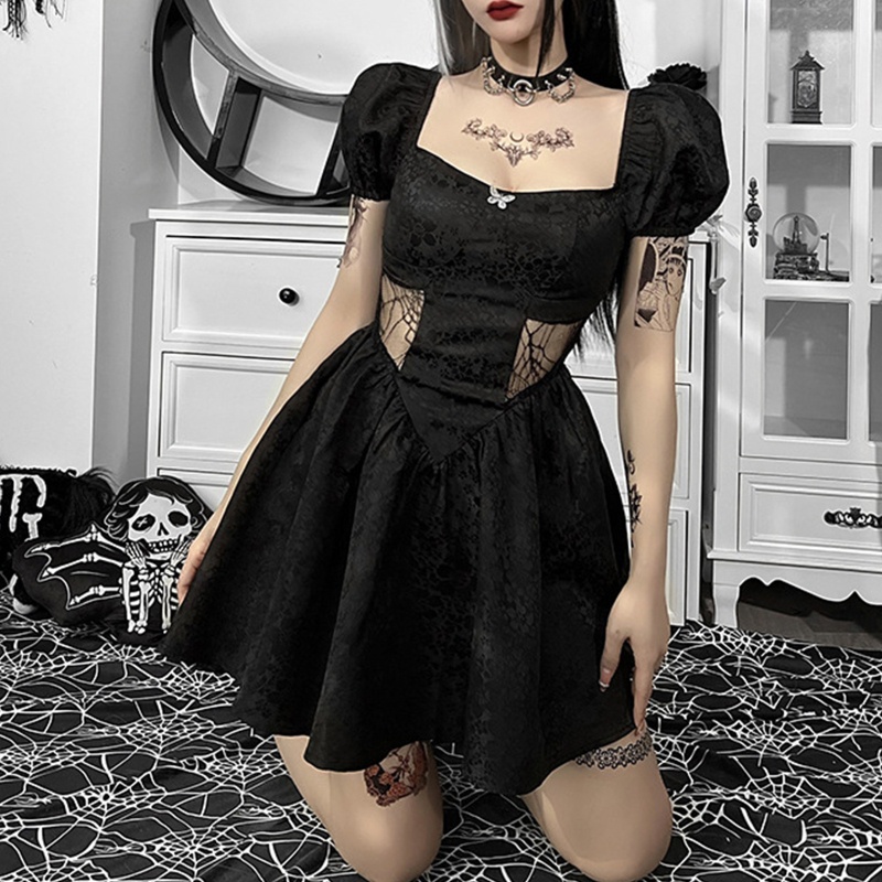 Đầm Chữ A Tay Ngắn Phồng Cổ Vuông Phối Ren Eo Cao Màu Đen Phong Cách Gothic Quyến Rũ Cho Nữ