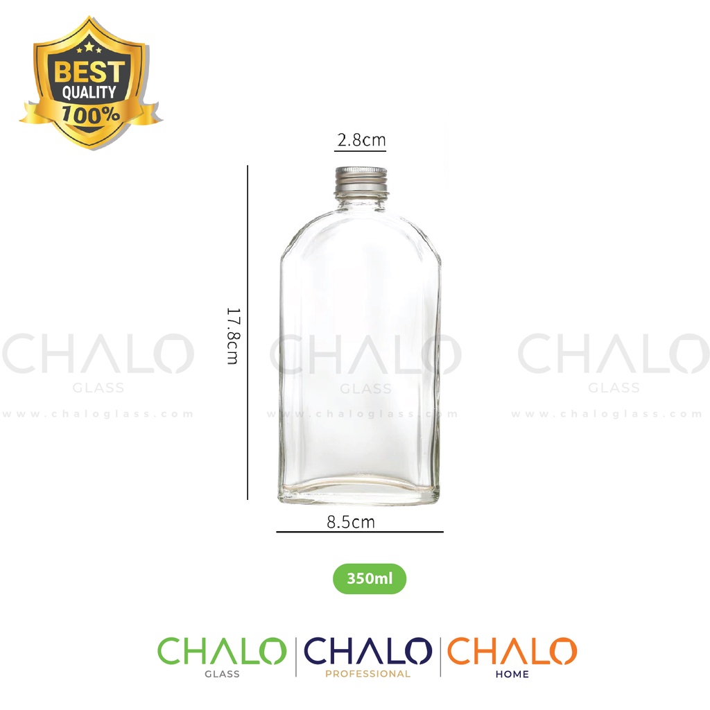 Chai thủy tinh dẹt nắp nhôm 350ml (Combo 02 chai trơn, không in hình) - CXV350