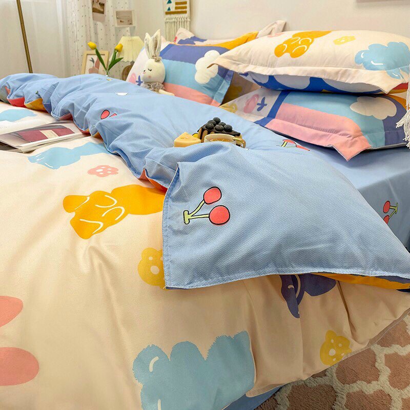 [Nhập khẩu] Bộ chăn ga gối poly thỏ gấu cầu vồng - 4 món - Miễn phí bo chun ga