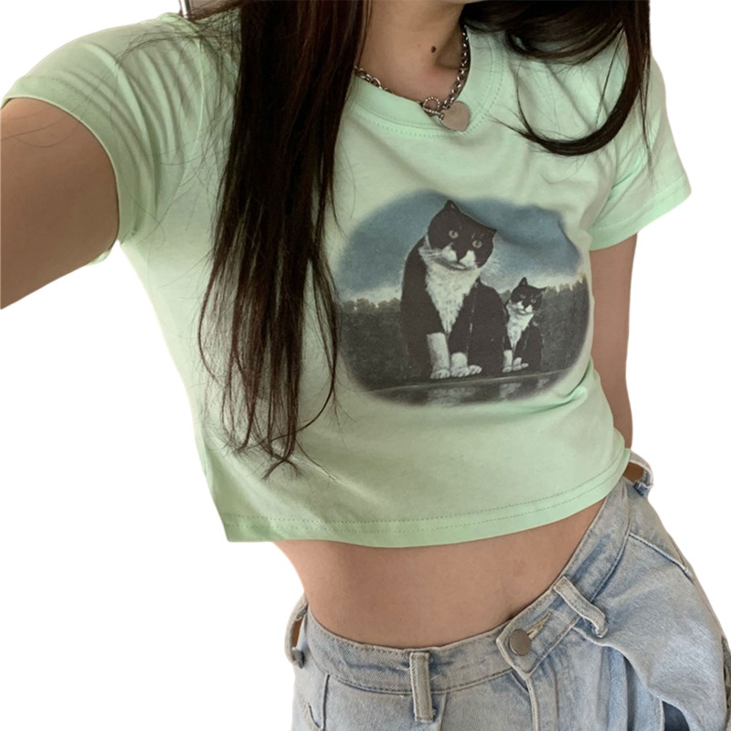 Áo Thun Crop Top Tay Ngắn Cổ Tròn In Họa Tiết Hoạt Hình Thời Trang Cho Nữ