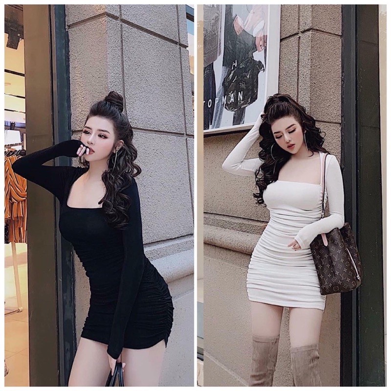 Đầm body tay dài cổ vuông thun Borip Free Size dưới 55kg dành cho nữ
