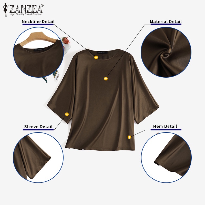 ZANZEA Áo Sơ Mi Vải Satin Tay Lửng Cổ Tròn Dáng Rộng Thời Trang Cho Nữ