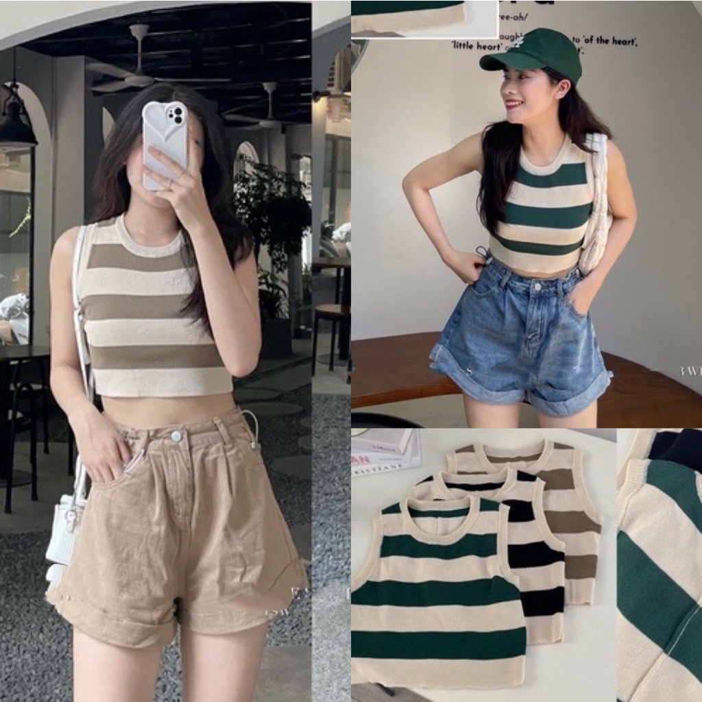 Áo croptop cộc tay kẻ ngang chất len Hàng Quảng Châu loại 1