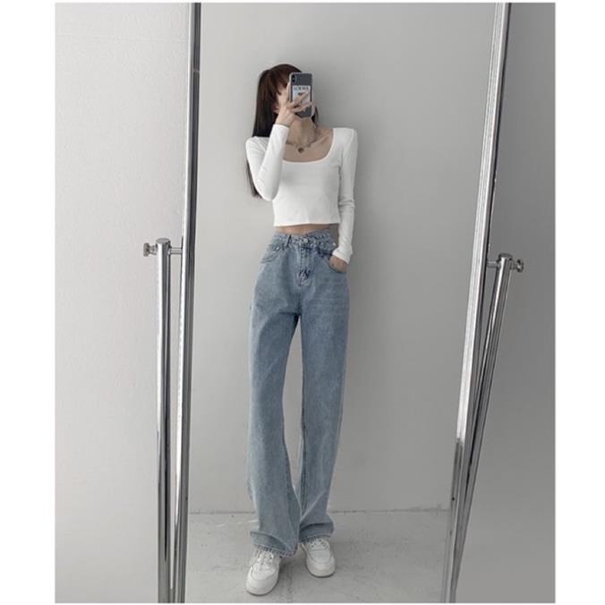 Quần Jeans Ống Rộng Xanh - Quần Bò Ống Rộng Nữ Dáng Suông 1 Cúc Cạp Chéo Ulzzang Unisex | BigBuy360 - bigbuy360.vn