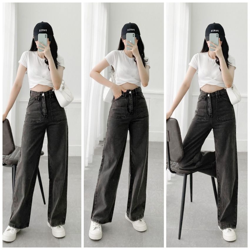 Quần jean nữ ống rộng Fmstyle Saigon quần bò cạp cao suông đen thời trang hàn quốc ulzzang 21QJR05TD2801