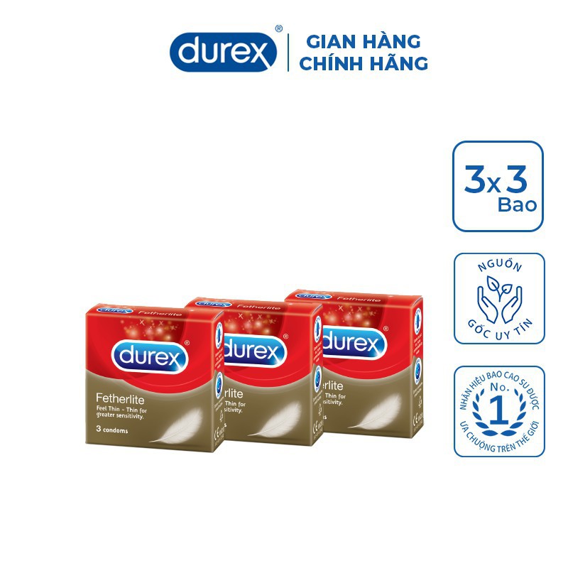 KHUYẾN MÃI SỐC) 3 Hộp Bao cao su Durex Fetherlite 3 bao [Siêu mỏng-nhiều gel bôi trơn]