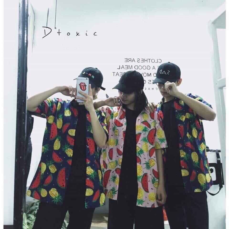 áo sơ mi cộc tay hoa quả form dáng rộng