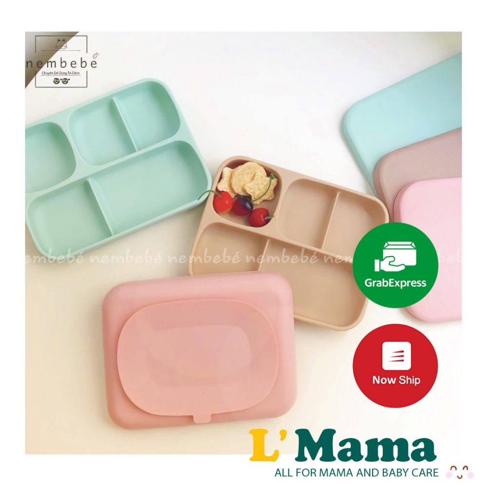 Khay Ăn Dặm Chống Đổ Silicon Có Nắp Đậy Cao Cấp BobbyDoll Cho Bé, Khay Ăn Dặm Hình Chữ Nhật Chất Liệu Silicon Cap Cấp