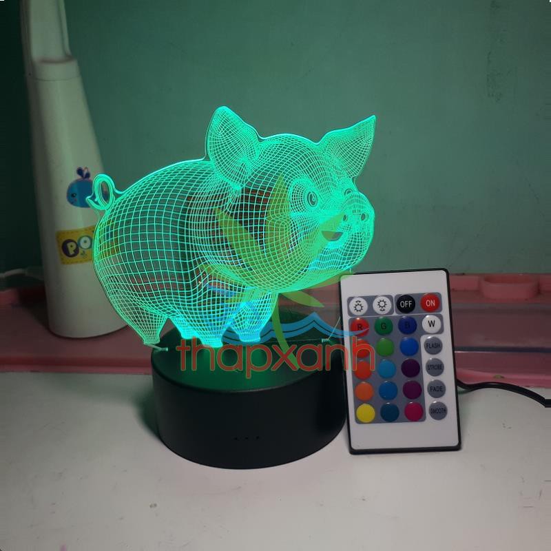 Đèn ngủ, Đèn trang trí Led 3D, Đèn ngủ 16 màu mini có điều khiển Con Lợn