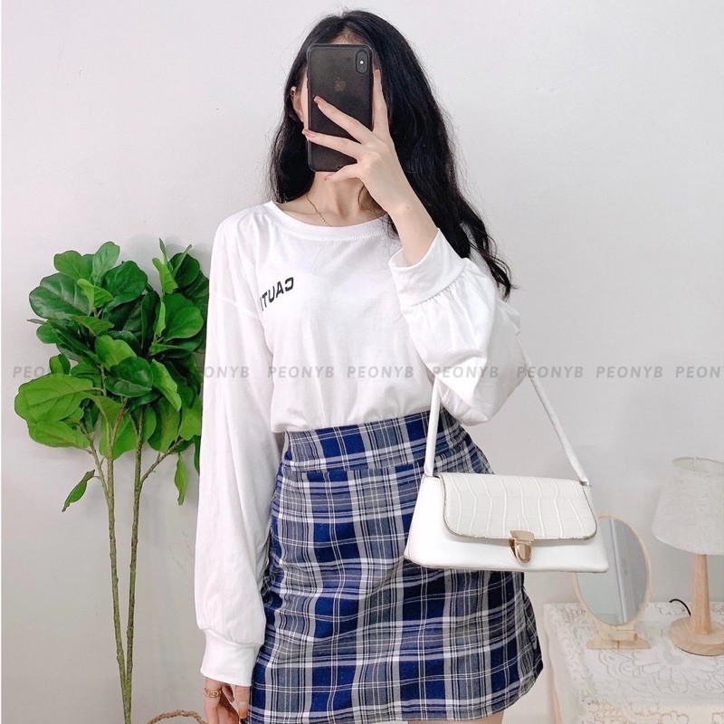 [Rẻ Vô Địch]Set Chân Váy Kẻ Caro Mix Kèm Áo Thun Dài Tay Bồng In Chữ Nhỏ Ulzzang( Có Sẵn, Ảnh Thật) siêu hot trẻ trung