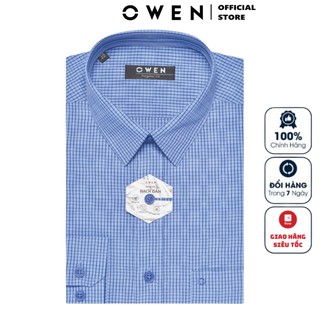Áo Sơ Mi Nam Dài Tay Owen AR22701DT Somi Công Sở Cao Cấp Màu Xanh Kẻ Caro Dệt Họa Tiết Chất Sợi Bạch Đàn Regular Fit