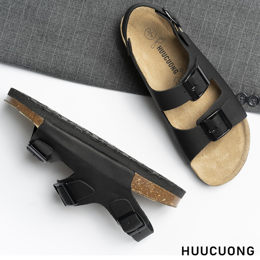Sandal 2 khóa Da Bò Nâu / Đen HuuCuong đế trấu hàng chính hãng Hữu Cường, chất lượng cao