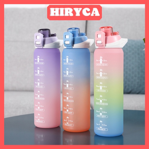 Bình nước 1 lít cute thể thao tập gym đi học dễ thương có ống hút chia vạch 1000ml