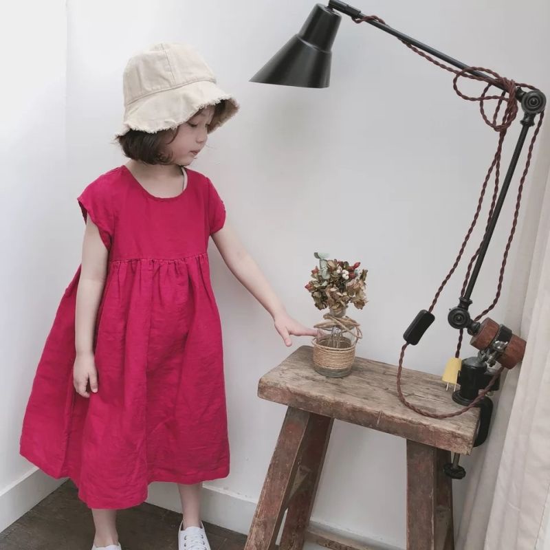 [Babycat] Hàng Có Sẵn Đầm Dài Cotton Lanh Trơn Màu Phong Cách Mori Nhật Bản Hàn Quốc Cho Bé Gái
