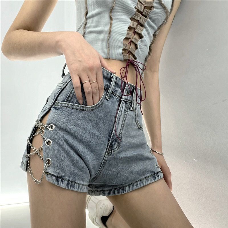 Quần Short Denim Chữ A Lưng Cao Dáng Rộng Phối Dây Xích Phong Cách Harajuku Hàng Mới Dành Cho Bạn Nữ 2021