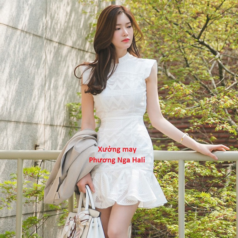 Đầm đuôi cá chất ren cao cấp hàng Quảng Châu, Váy body nữ dự tiệc tay hến sang chảnh, tôn dáng
