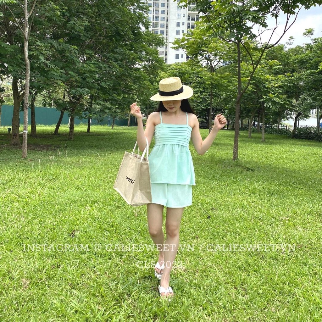 Set đồ nữ mùa hè Caliesweet set đi biển đi chơi dự tiệc sang chảnh chất đũi xốp màu xanh hottrend CLS006
