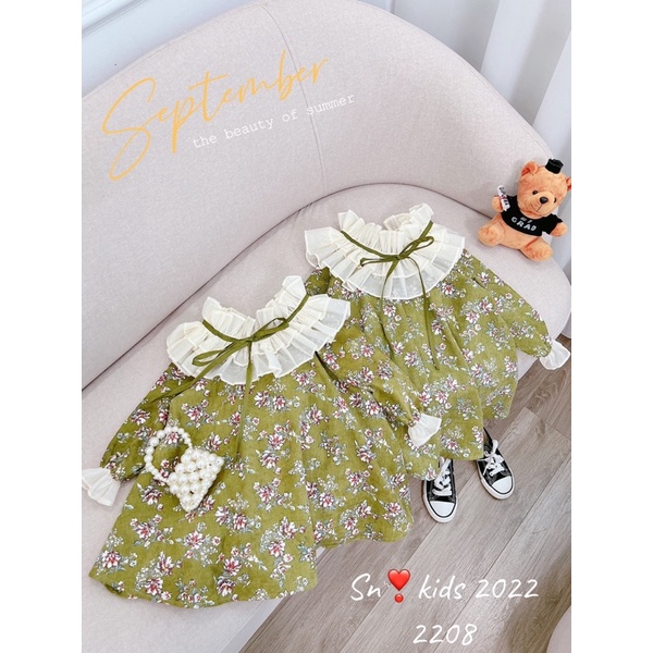 Váy đầm nhung baby doll xanh rêu cho bé gái