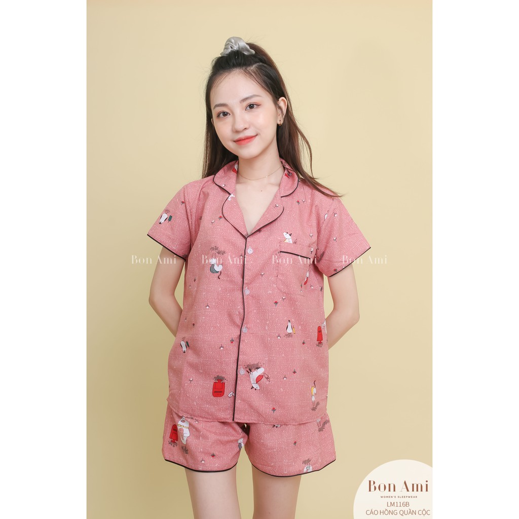 Bộ ngủ PIJAMA Cáo hồng Bon Ami Áo cộc quần cộc 100% Việt Nam thoáng mát không nhăn