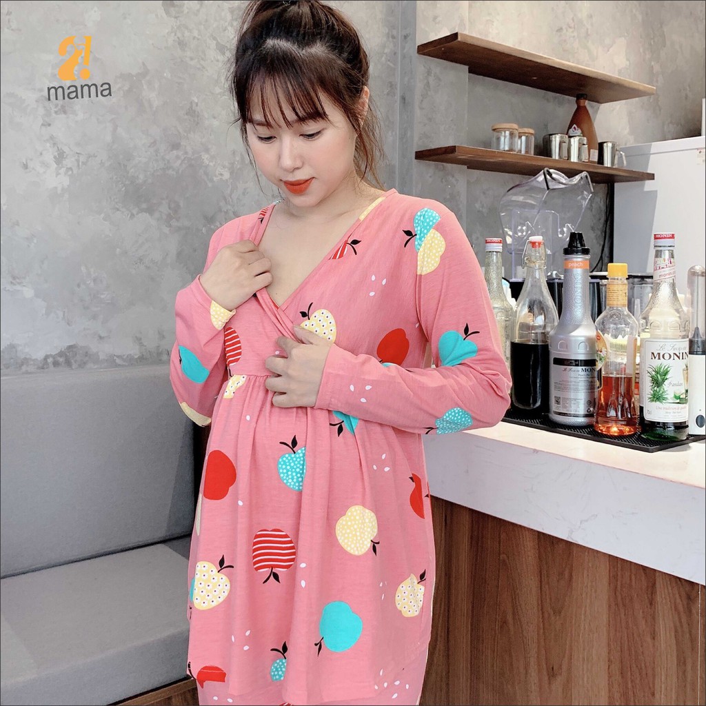 Đồ bộ bầu sau sinh 2MAMA dài tay dễ thương chất thun co giãn – V03