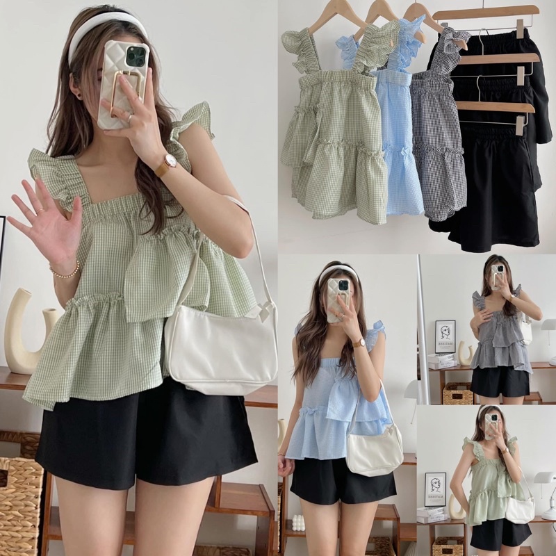 [Ảnh thật/Video] Set babydoll kẻ 058 Mới gồm áo 2s bản to và quần đen xinh xắn