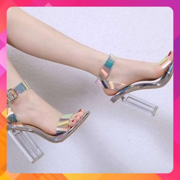 [Ảnh thật] Giày sandal nữ gót vuông trong suốt cao 9p quai meca dạ quang nhiều màu mềm dẻo