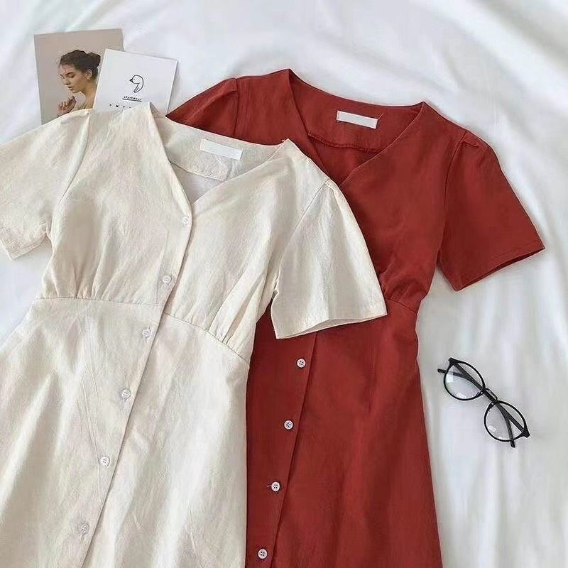 VÁY ĐŨI XÒE CỔ V BUỘC NƠ SAU VINTAGE SIÊU XINH | BigBuy360 - bigbuy360.vn