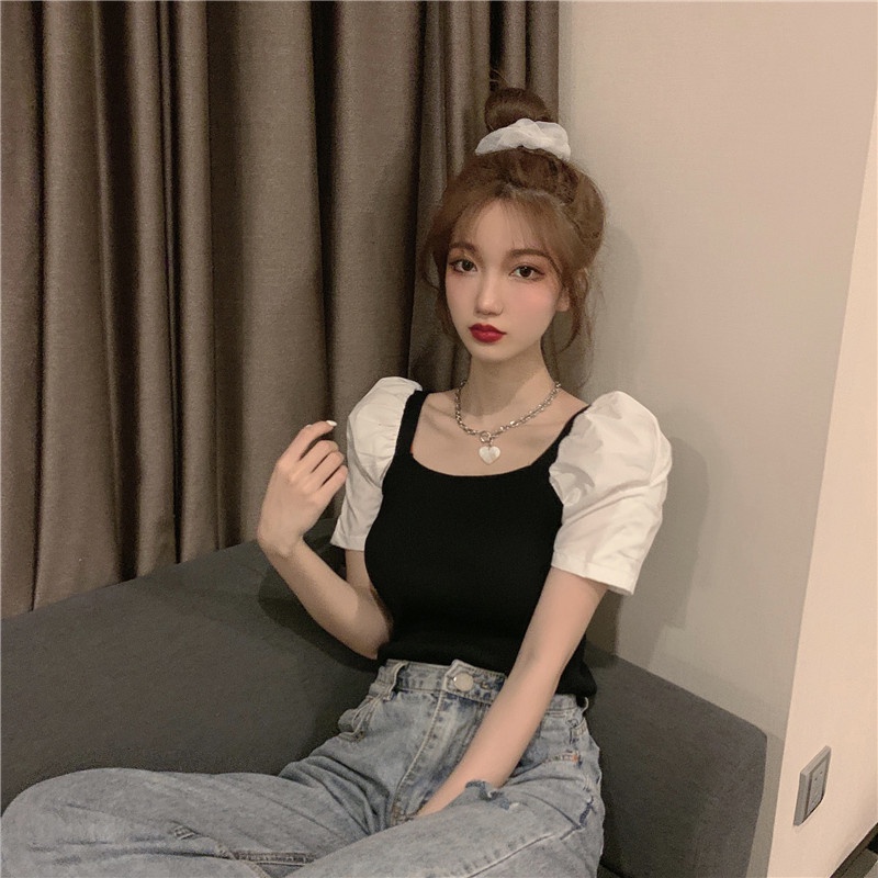 Áo thun ZHELIHANGFEI tay ngắn phồng cổ vuông phong cách phương Tây thời trang mùa hè cho nữ