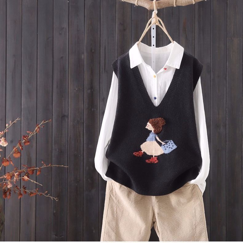 Áo dệt kim sát nách cổ V thêu họa tiết xinh xắn kiểu Hàn Quốc thời trang độc đáo cho nữ