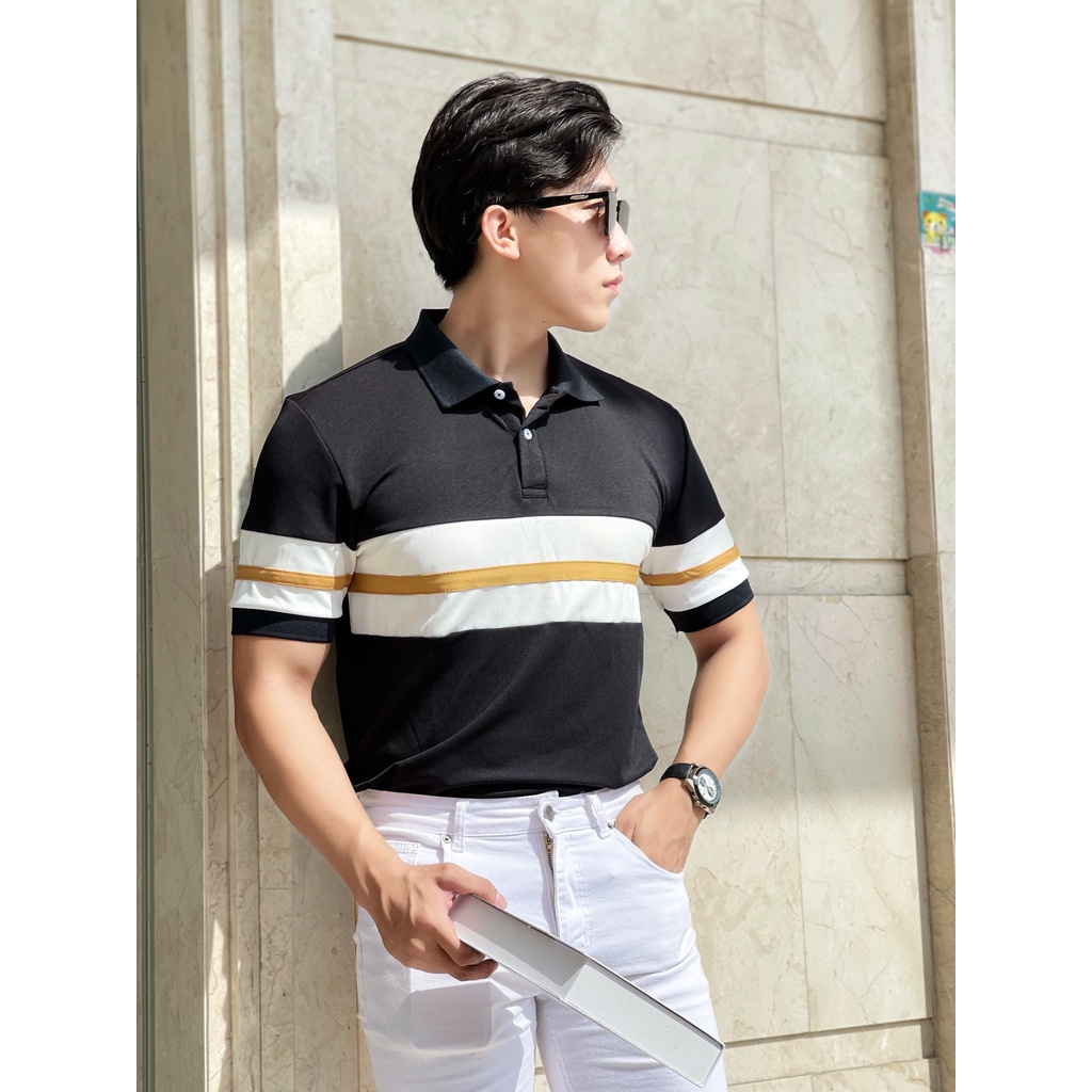 Áo polo nam cổ bẻ phối dây nâu ngang chất vải cá sấu Cotton xuất xịn,chuẩn form, sang trọng - thanh lịch TB038