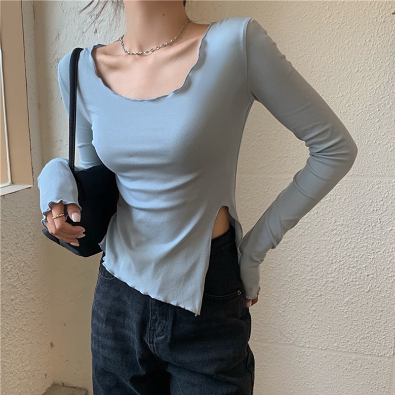 Áo Thun Tay Dài Ôm Dáng Xẻ Tà Thời Trang Mùa Hè Cho Nữ