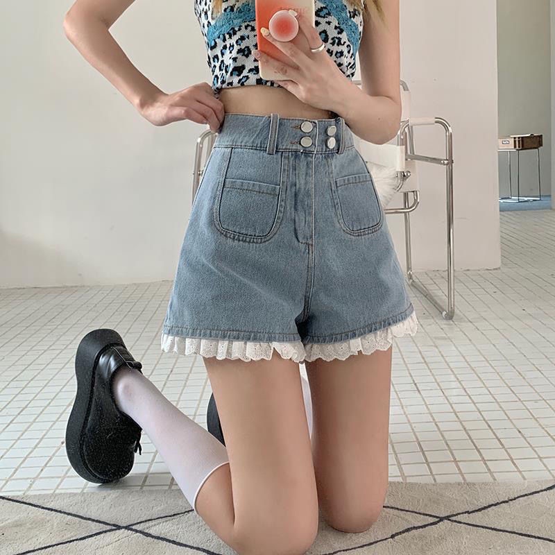 Quần Short Dáng Chữ A Lưng Cao Phối Ren Form Rộng Thời Trang Mùa Hè Cho Nữ