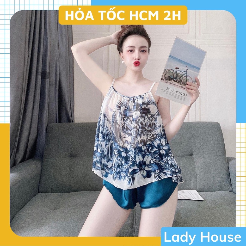 Đồ Mặc Nhà Nữ , Đồ Bộ Nữ Áo 2 Dây Quần Cọc Chất Liệu Voan Hoa Phối Lụa Cao Cấp Sexy, Gợi Cảm.